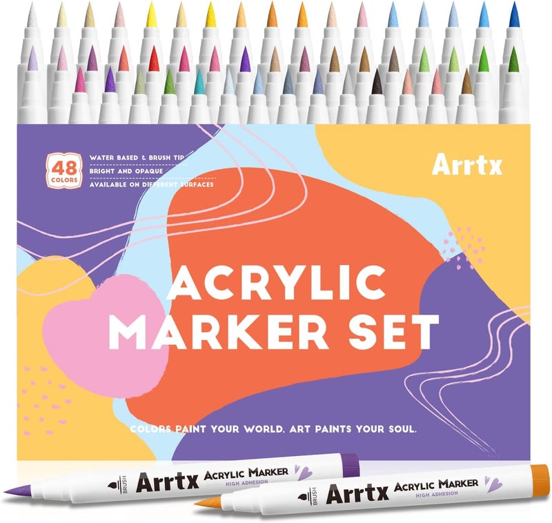 Arrtx Acrylic Markers Basic Series 48 Colors,Brush Tip Acrylic Paint Pens for Rock Painting,Glass,Stone,Wood,Ceramic,Fabric,DIY Crafts & Art Supplies - Image 1